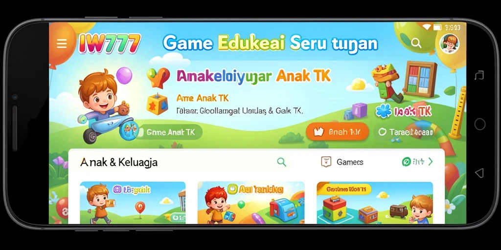 Screenshot aplikasi IW777 yang menunjukkan antarmuka permainan anak yang ceria.